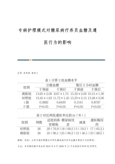 专病护理模式对糖尿病疗养员血糖及遵医行为的影响.docx