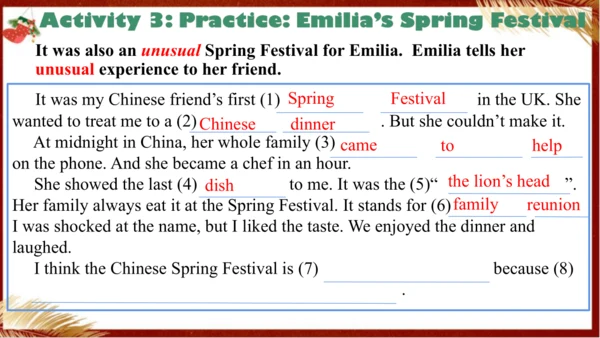 【优质阅读公开课课件】Unit 4 Time to celebrate Understanding 