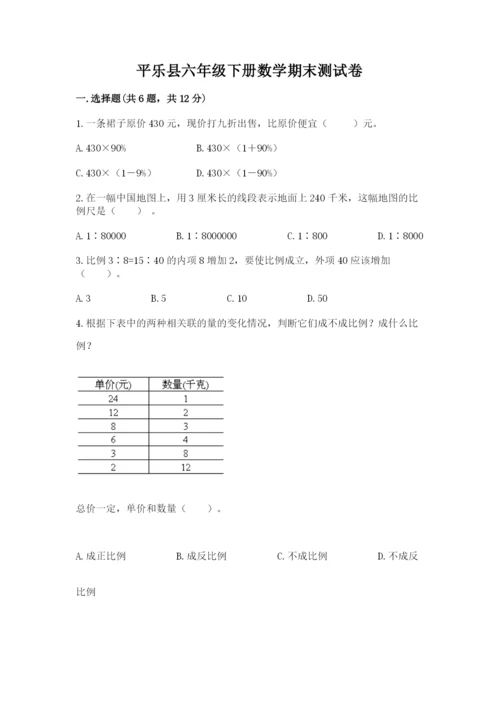 平乐县六年级下册数学期末测试卷完美版.docx