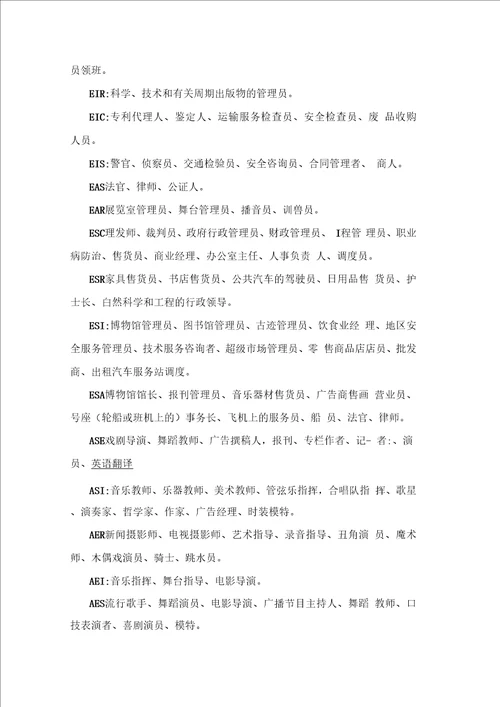 霍兰德职业索引职业兴趣代码与其相应的职业对照表