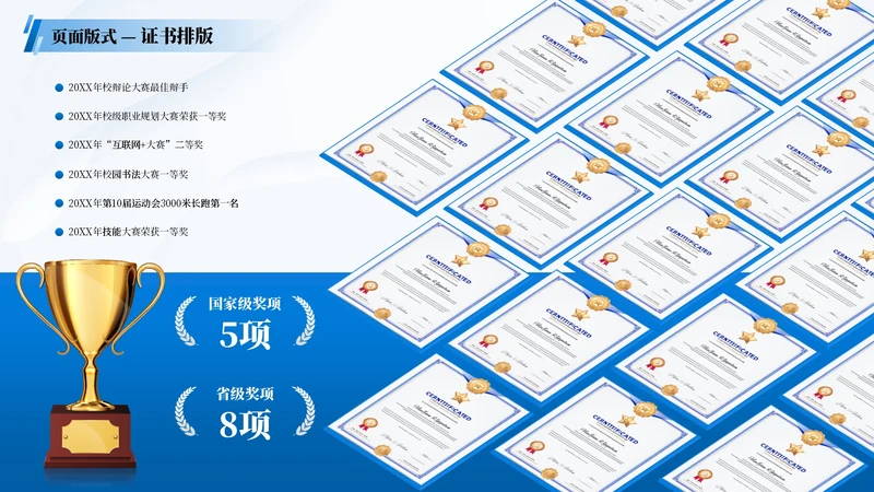 蓝色商务风2项荣誉证书排版PPT单页
