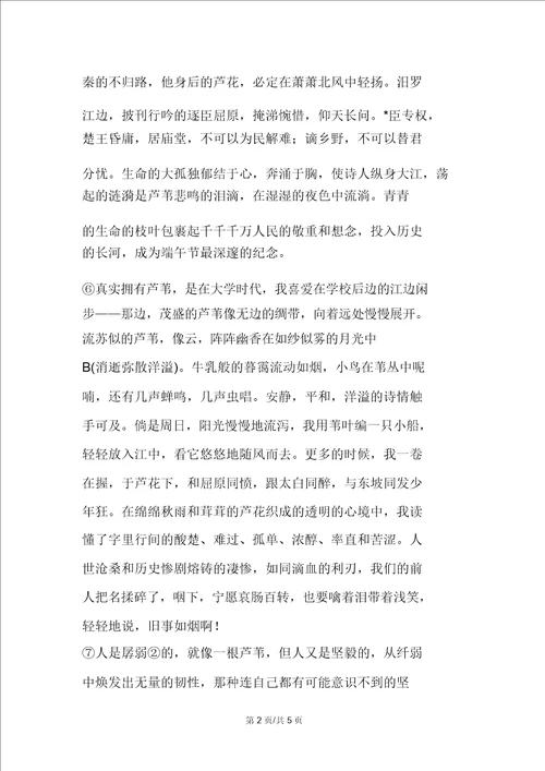 现代文阅读中考阅读试题：张驰心中芦苇