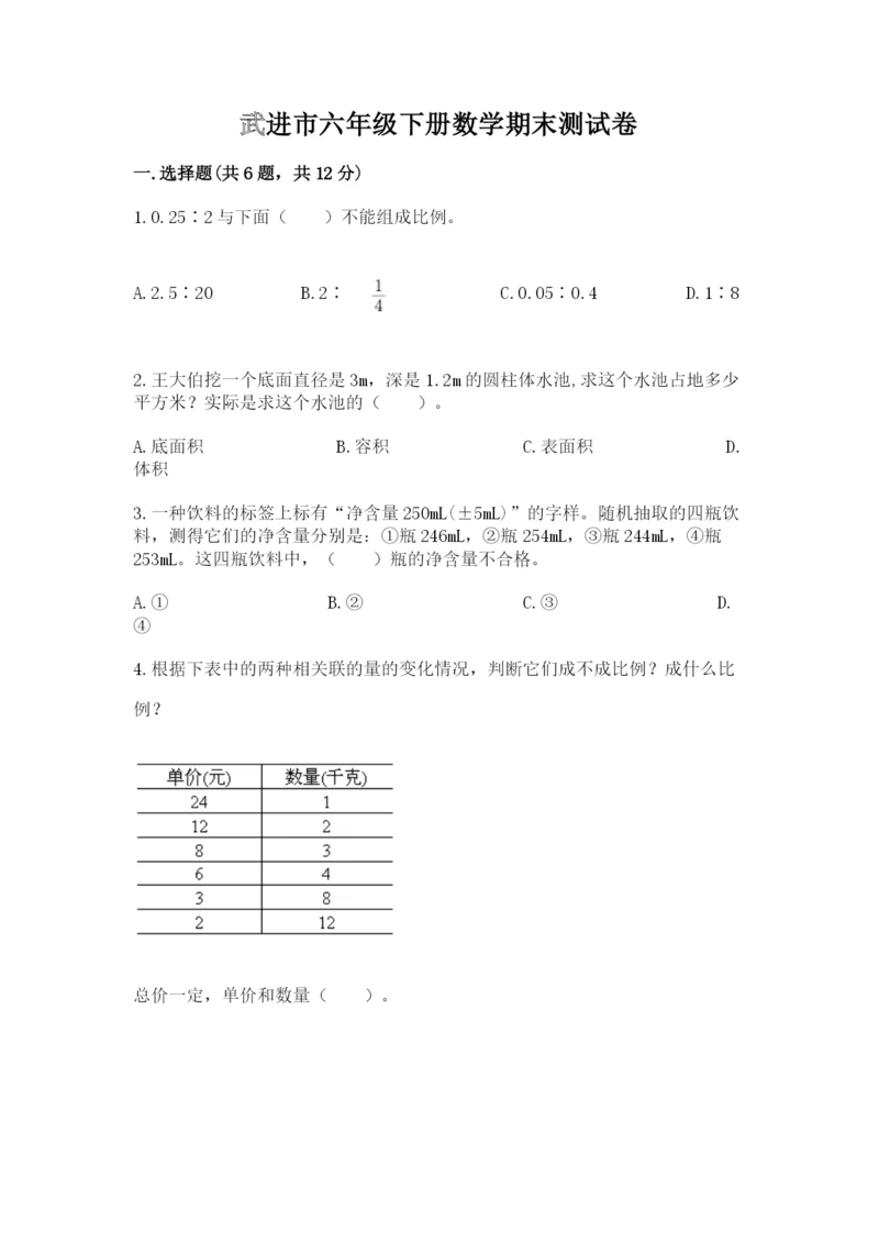 武进市六年级下册数学期末测试卷（满分必刷）.docx