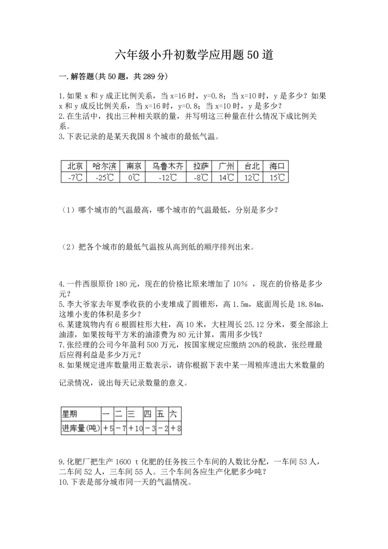 六年级小升初数学应用题50道（典型题）word版.docx