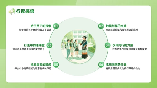 绿色插画风学生研学旅行成果展示PPT模板