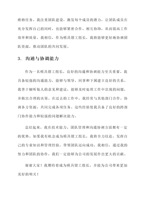 竞选摸具钳工组长自荐书