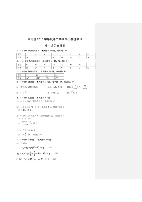 闸北区(上海物理)2016届高考二模.docx