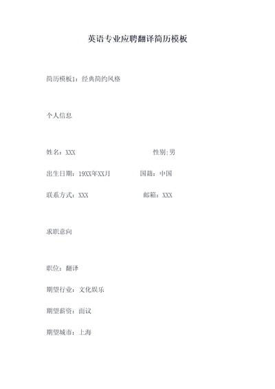 英语专业应聘翻译简历模板