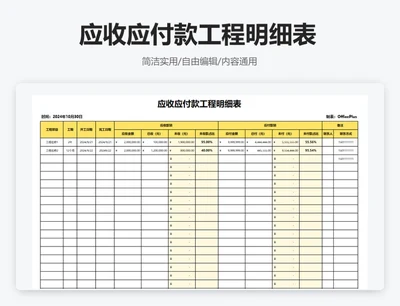 简约黄色应收应付款工程明细表