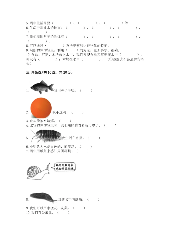 教科版一年级下册科学期末测试卷【中心小学】.docx