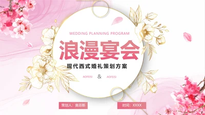 清新梦幻粉色花卉浪漫宴会西式婚礼策划PPT模板