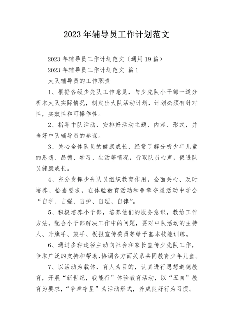 2023年辅导员工作计划范文.docx