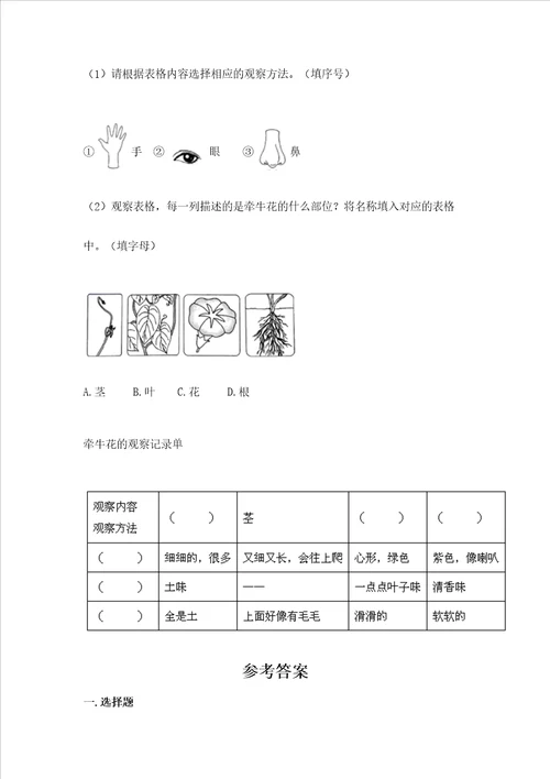 教科版一年级上册科学期末测试卷及参考答案