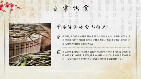 黄色中国风花卉冬季养生带内容PPT模板