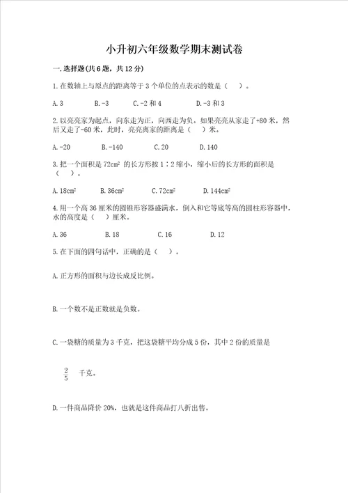 小升初六年级数学期末测试卷名师系列