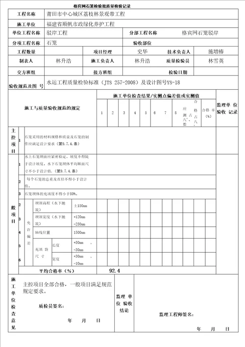 格宾网石笼检验批验收记录表