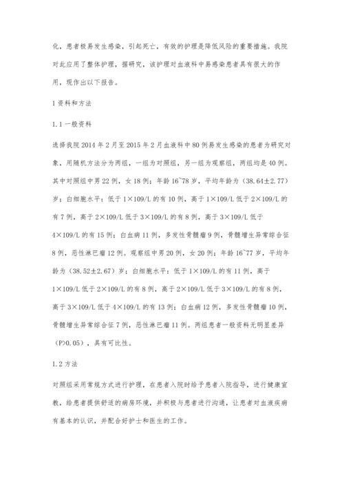 整体护理在血液科易感染疾病患者护理实践中的效果观察.docx