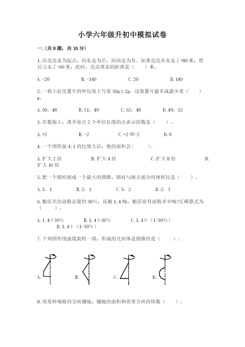 小学六年级升初中模拟试卷含完整答案（典优）.docx