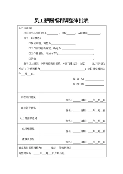 员工薪酬福利调整审批表