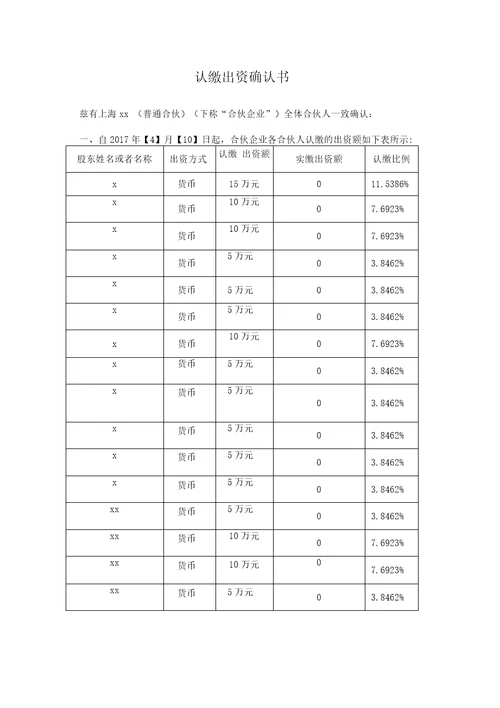 认缴出资确认书合伙企业