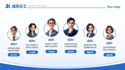 成员分工-蓝色商务风6项成员分工PPT单页