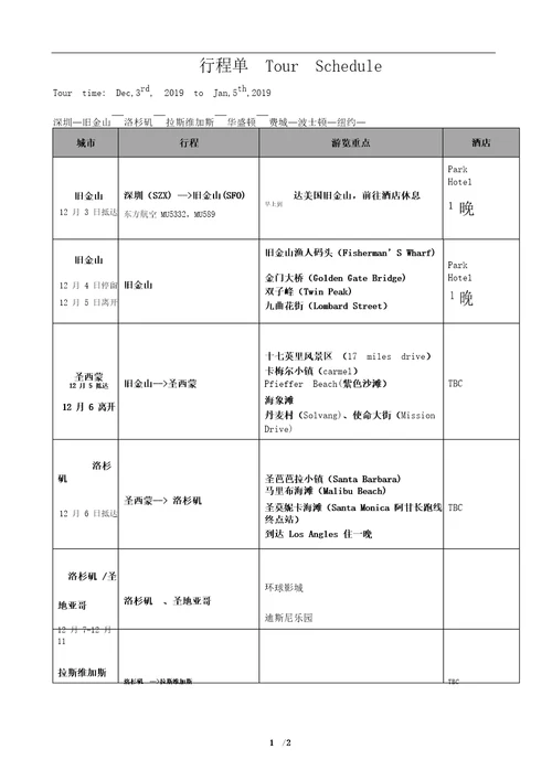 2019美国旅游行程单