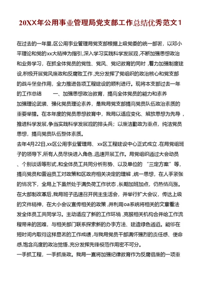 20XX年公用事业管理局党支部工作总结优秀范文1