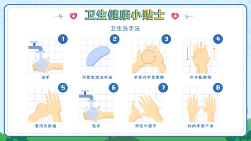 绿色卡通小学生健康卫生班会课带内容PPT模板