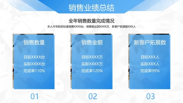 蓝色简约几何切割销售年终总结PPT模板