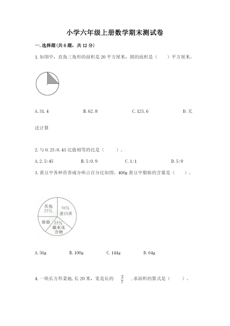 小学六年级上册数学期末测试卷附完整答案【有一套】.docx