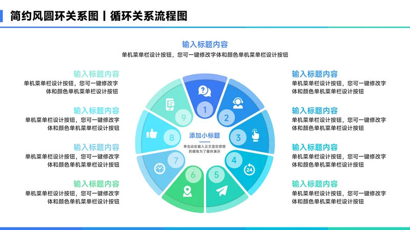 蓝色简约风9项圆环关系图PPT