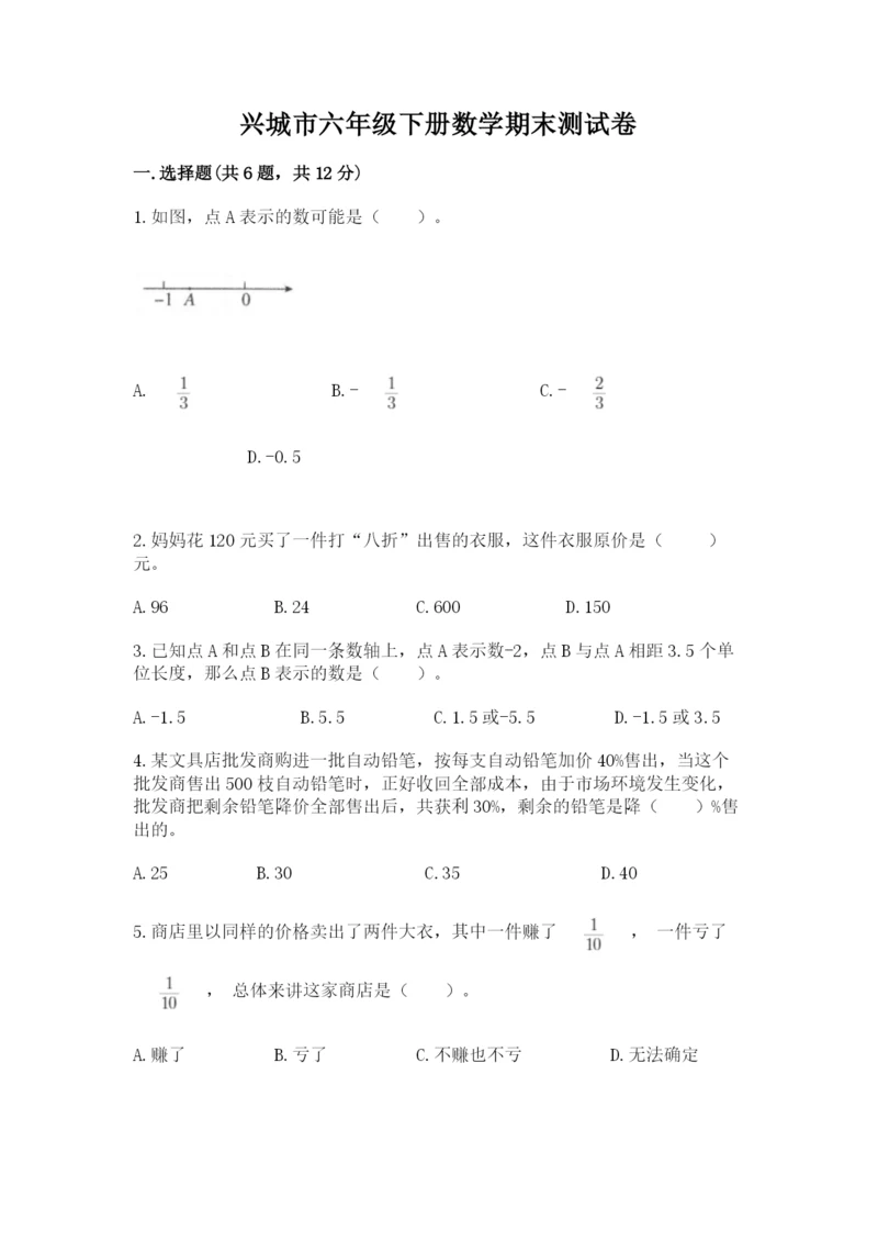 兴城市六年级下册数学期末测试卷审定版.docx