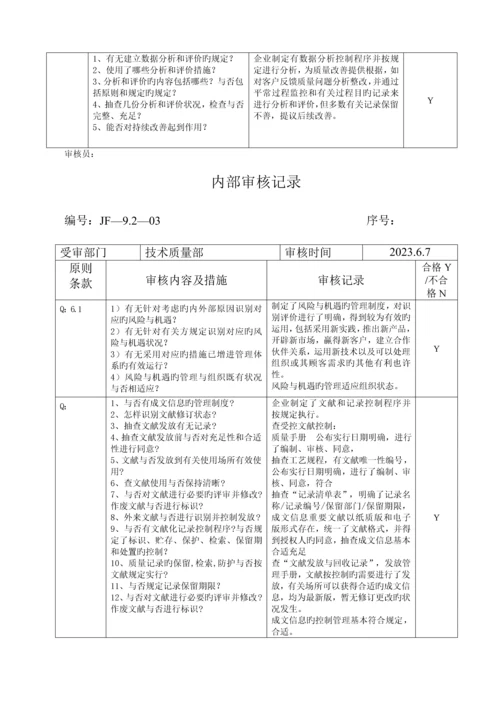 质量体系各部门内审检查表及审核记录.docx