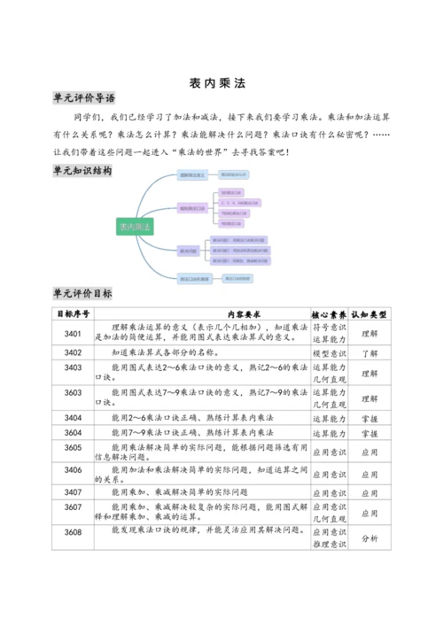 （人教版）【素养进阶结构化单元评价工具】二年级上册第四单元《表内乘法》（人教版）整单元作业设计(附参