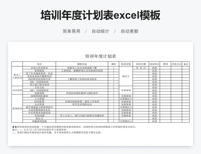 培训年度计划表excel模板
