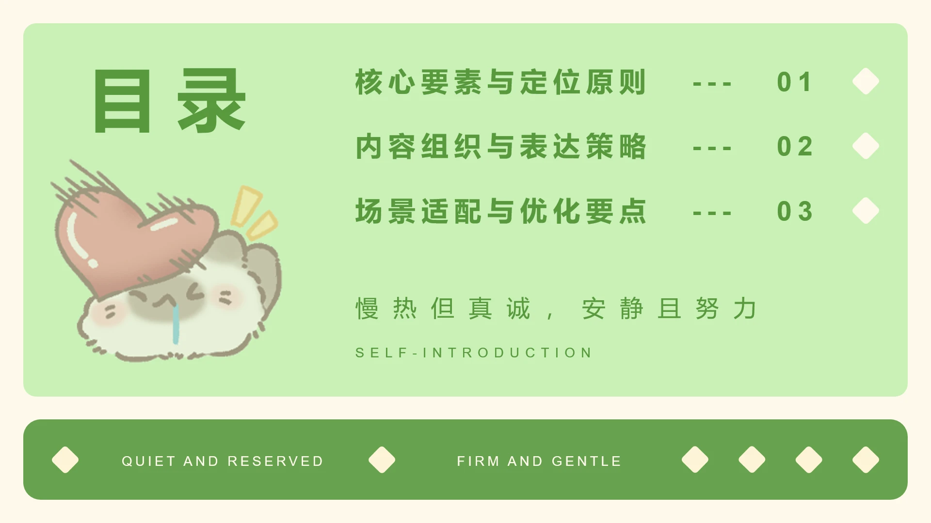 目录页-新绿简约风团团猫大学生自我介绍PPT单页