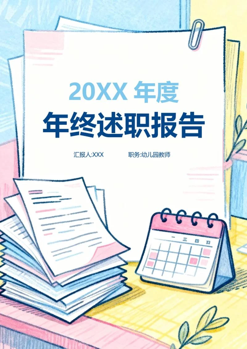 彩色蜡笔手绘风幼儿园教师年终述职汇报