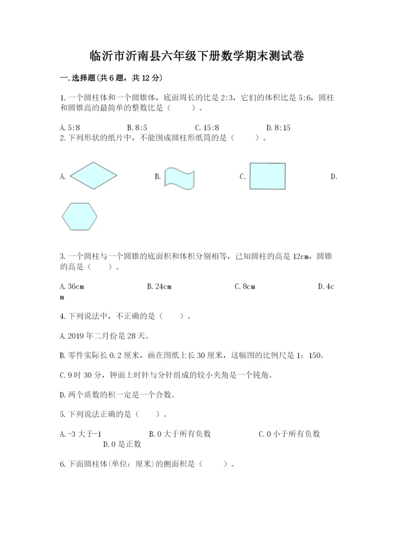 临沂市沂南县六年级下册数学期末测试卷完整.docx