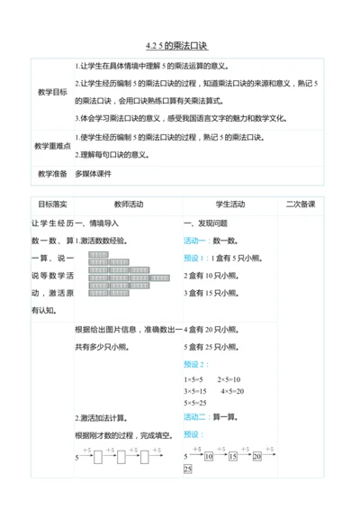（大单元整体教学）4.2 5的乘法口诀（表格式）教学设计 人教版 二年级上册数学