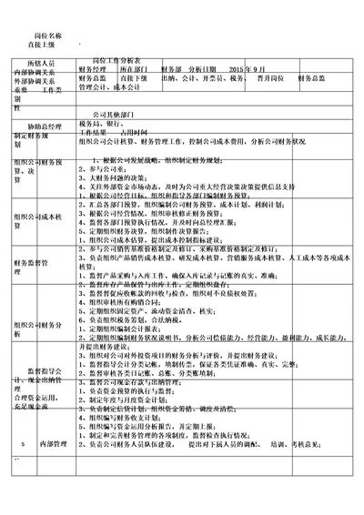 财务总监岗位分析计划表格