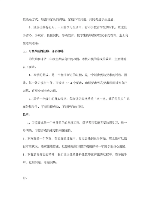 一年级小学新生习惯养成实施方案细则