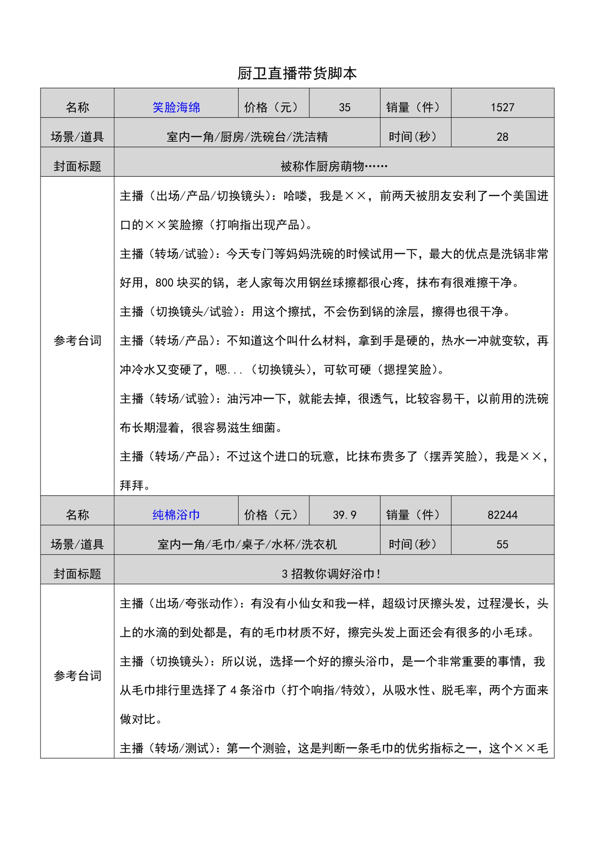 厨卫直播带货脚本