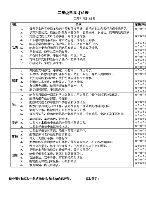 二年级自我评价表