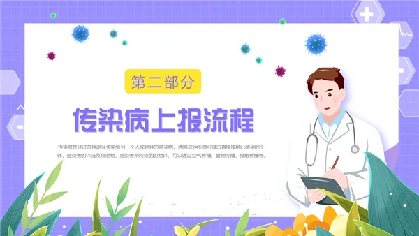 紫色卡通插画医疗医护科普传染病上报流程动态PPT传染病预防