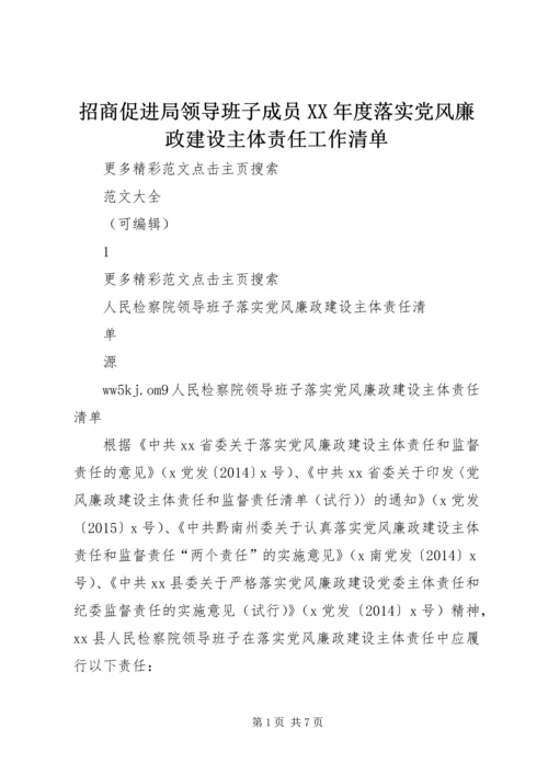 招商促进局领导班子成员XX年度落实党风廉政建设主体责任工作清单 (4).docx