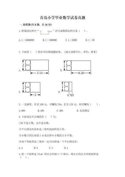 青岛小学毕业数学试卷真题精品易错题