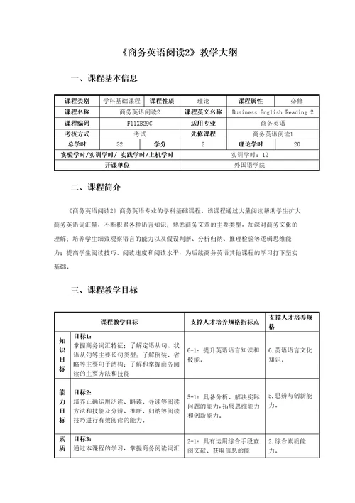 商务英语阅读2教学大纲