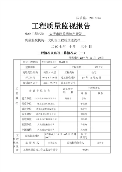 工程质量监督报告参考