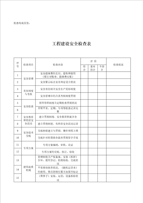 房屋优质建筑和市政基础设施关键工程质量监督执法检查表