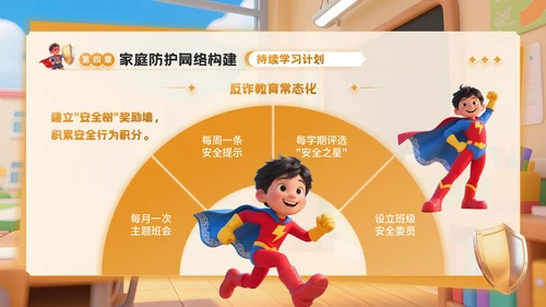 橙色3D卡通风反诈主题班会PPT模板